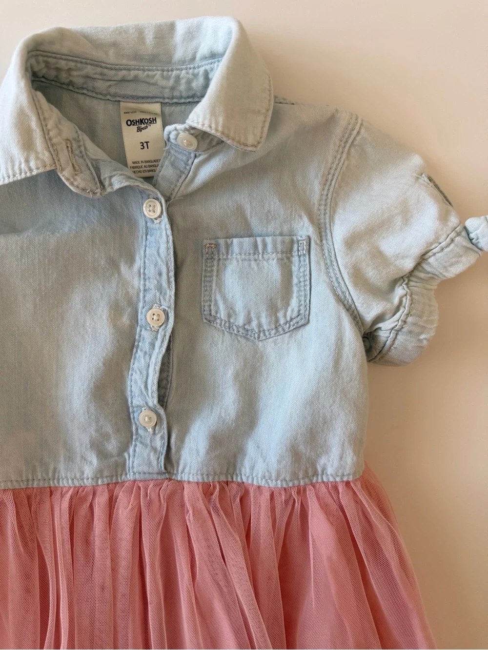 Oshkosh Girls 3T Denim and Pink Tulle Short Sleeve Dress